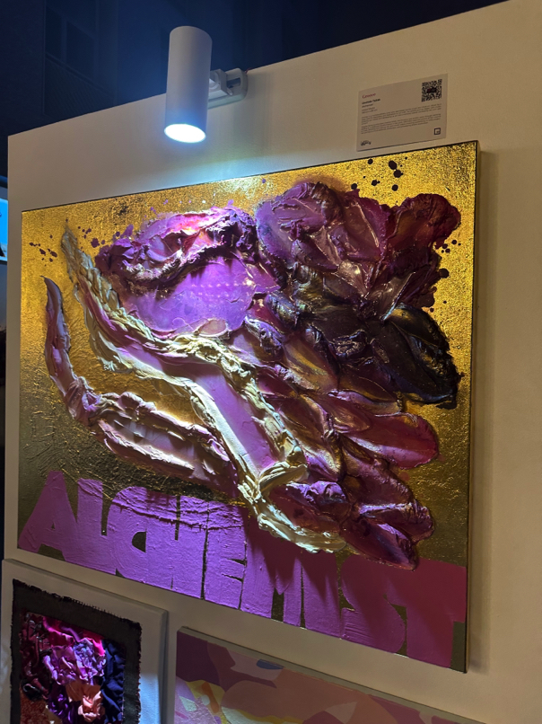 Textured mixed-media painting from Greece — sculptural relief over golden canvas, suggesting mythology and layered identity
