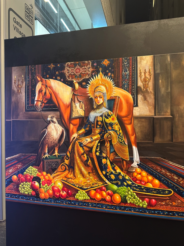 Painting by Dr. Suaad Al Shamsi (UAE) — Emotive portrayal of Emirati womanhood through traditional dress and symbolism