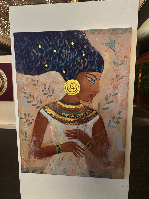 Painting from Egypt — Woman in red and blue dress blending heritage with modern abstraction.
